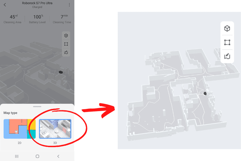 The apartment map can be seen in 3D view in the Roborock S7 Pro Ultra app.